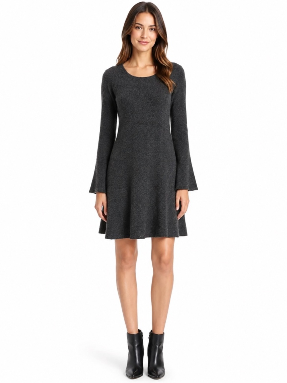 WHITE + WARREN 100% Cashmere Flared Hem Sweater Dress Charcoal Grey Size XS